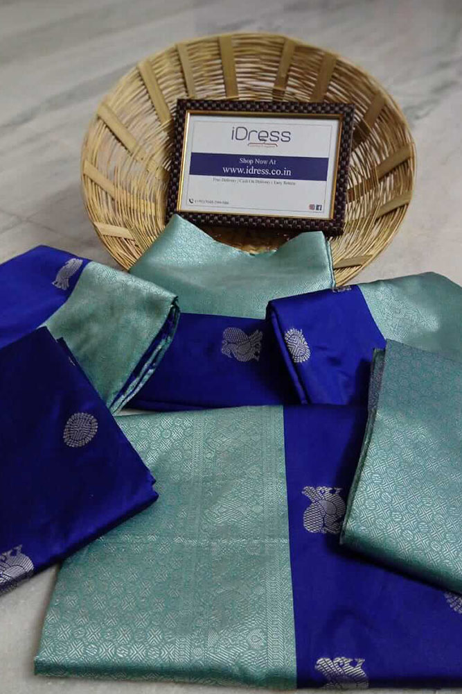 Mehndi Green and Royal Blue color silk sarees with zari border saree design  -SILK0002236